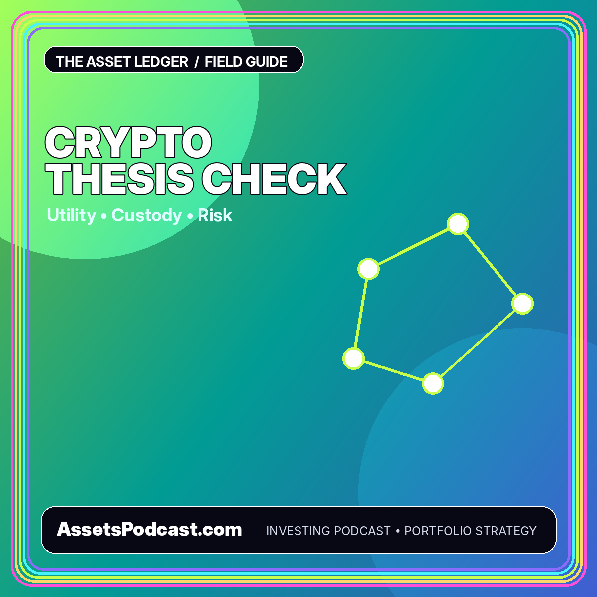 Neon typography card reading Crypto Thesis Check with token network nodes