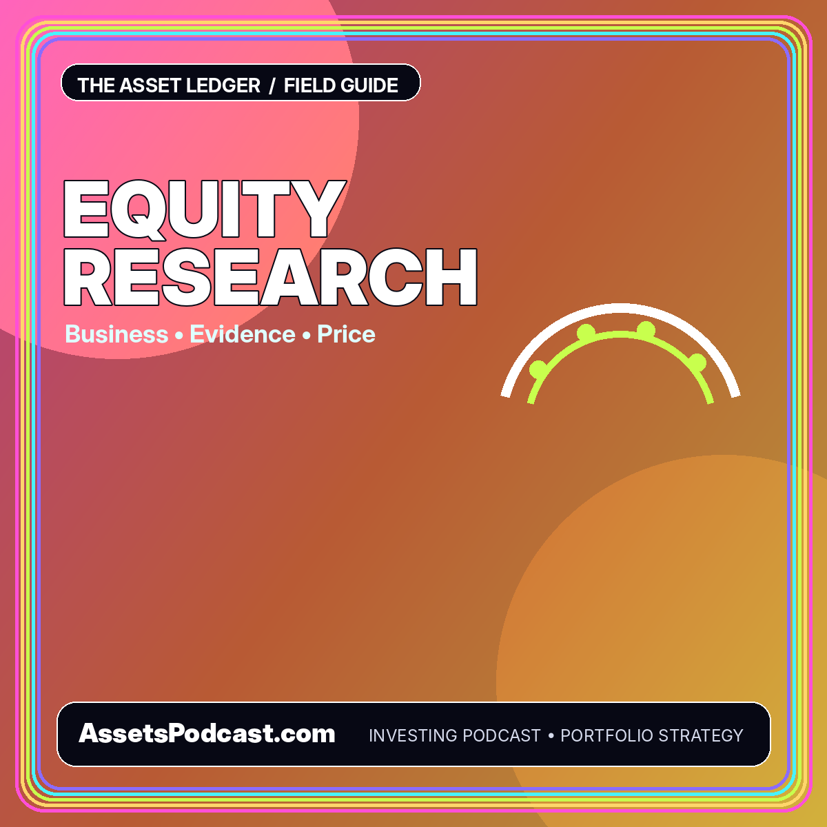 Neon typography card reading Equity Research with filings, cash flow, and valuation layers