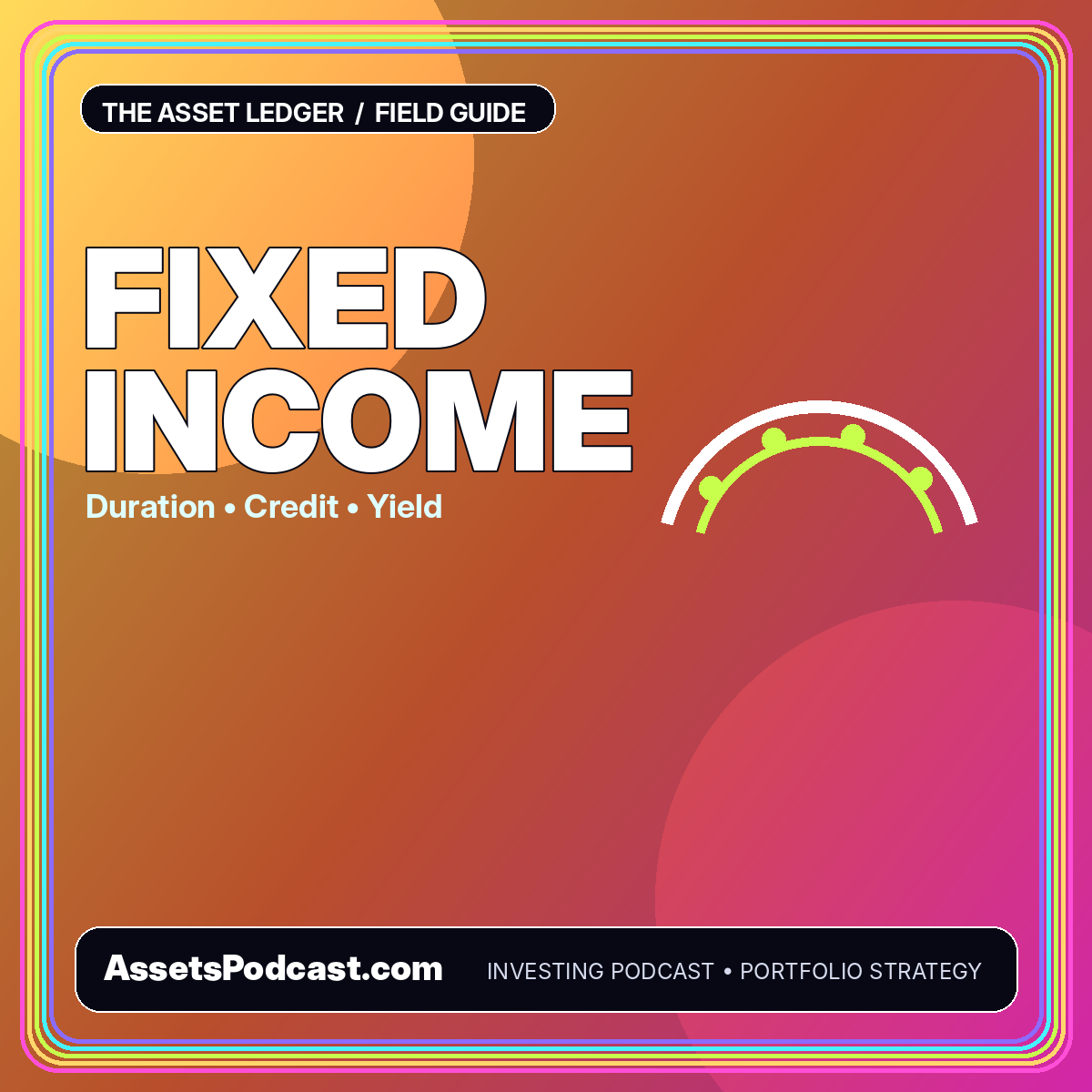 Neon typography card reading Fixed Income with a yield curve and bond blocks
