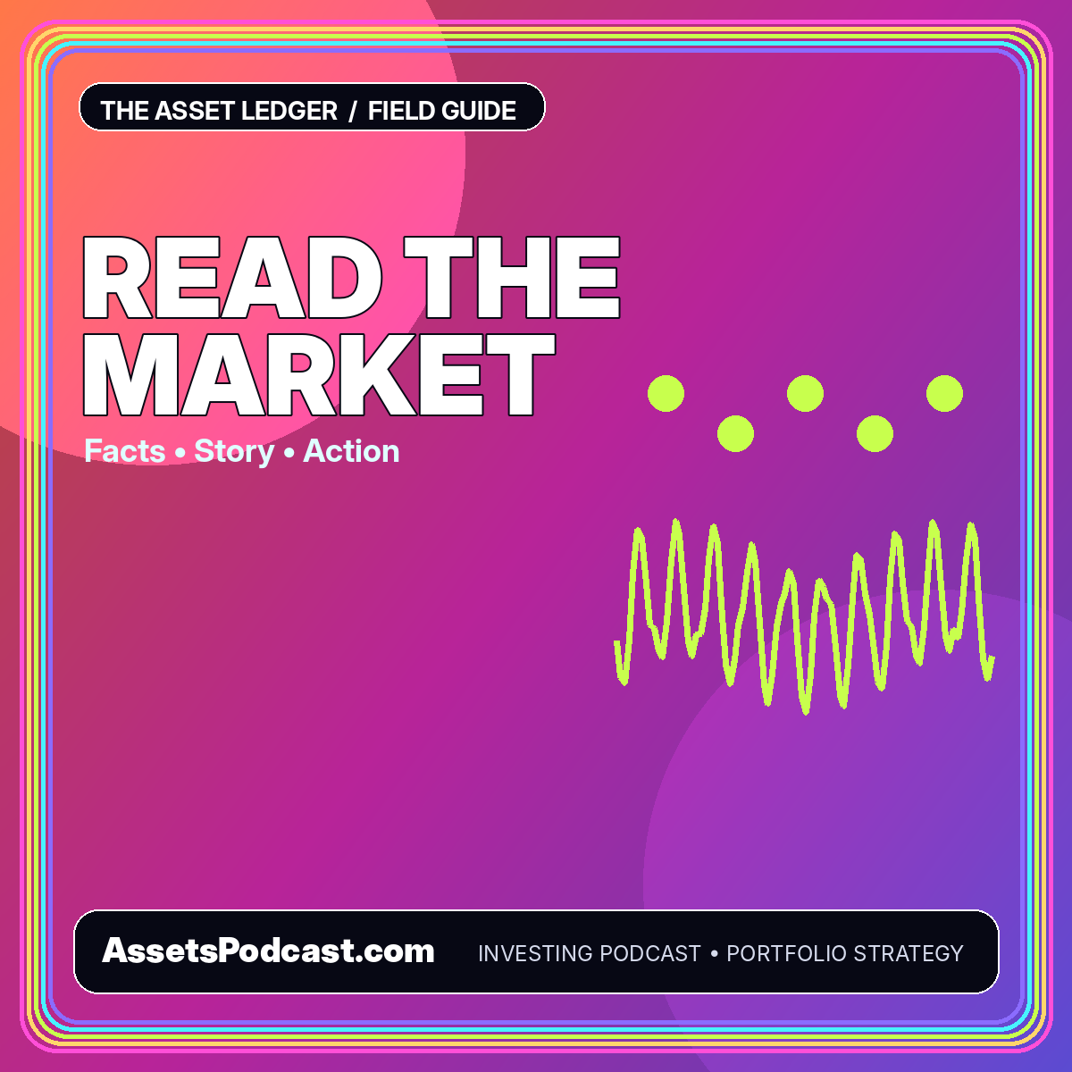 Neon typography card reading Read the Market with a waveform and data grid